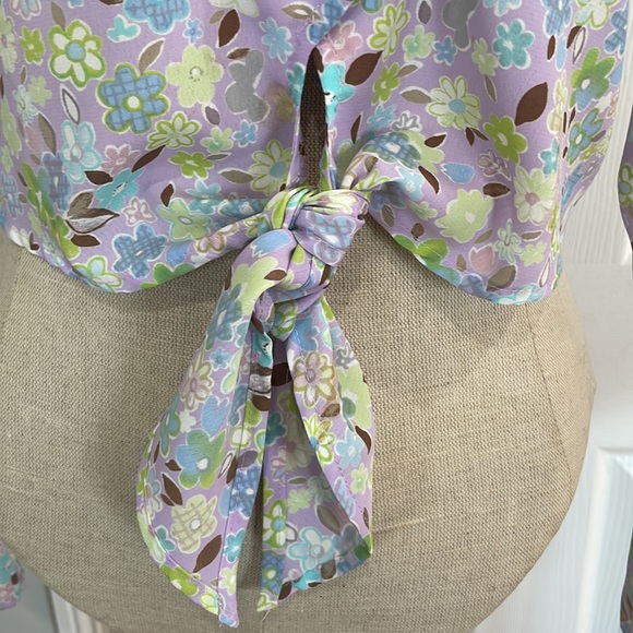 Y2K crop top tie waist floral button down shirt long bell sleeve blouse womens S - Picture 5 of 12